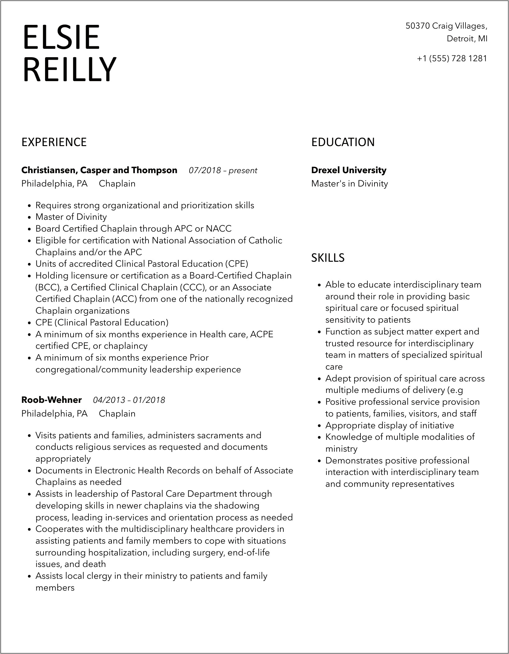 Examples Of Resumes For Chaplain