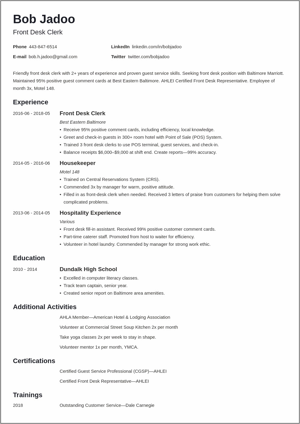 Examples Of Resumes For Hospitality