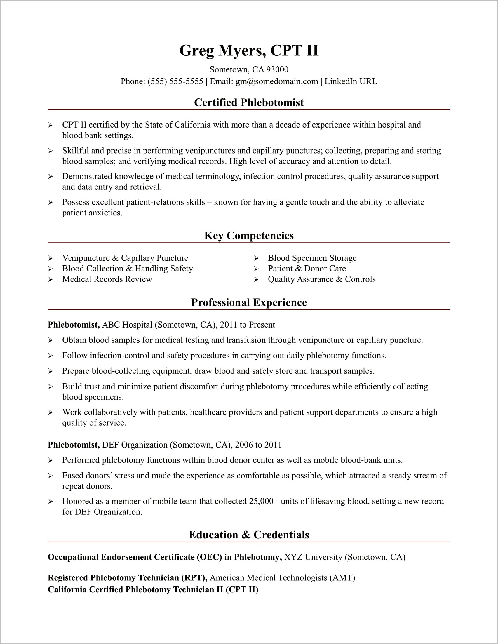 Examples Of Resumes For Phlebotomist