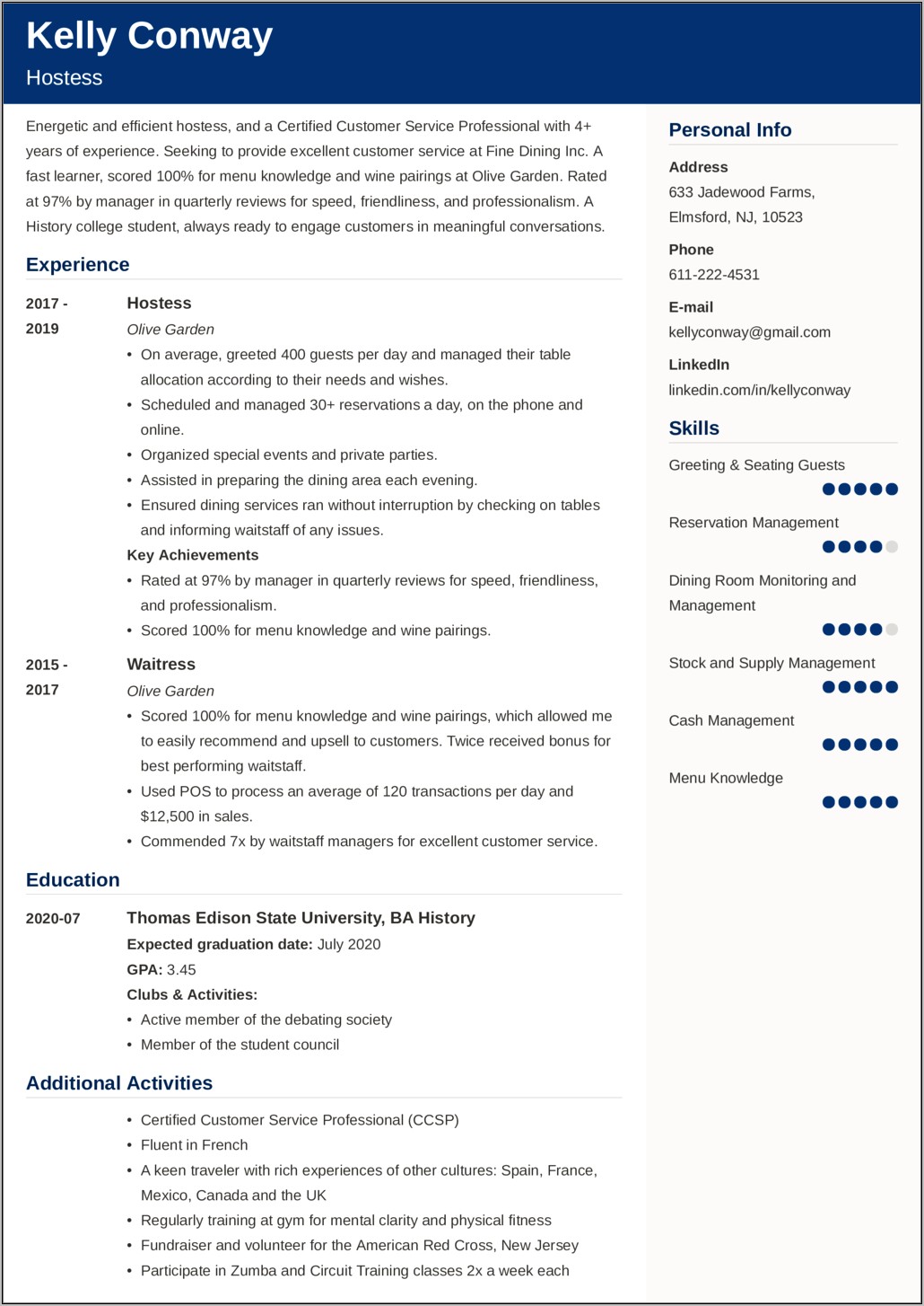 Examples Of Resumes Of Hostess