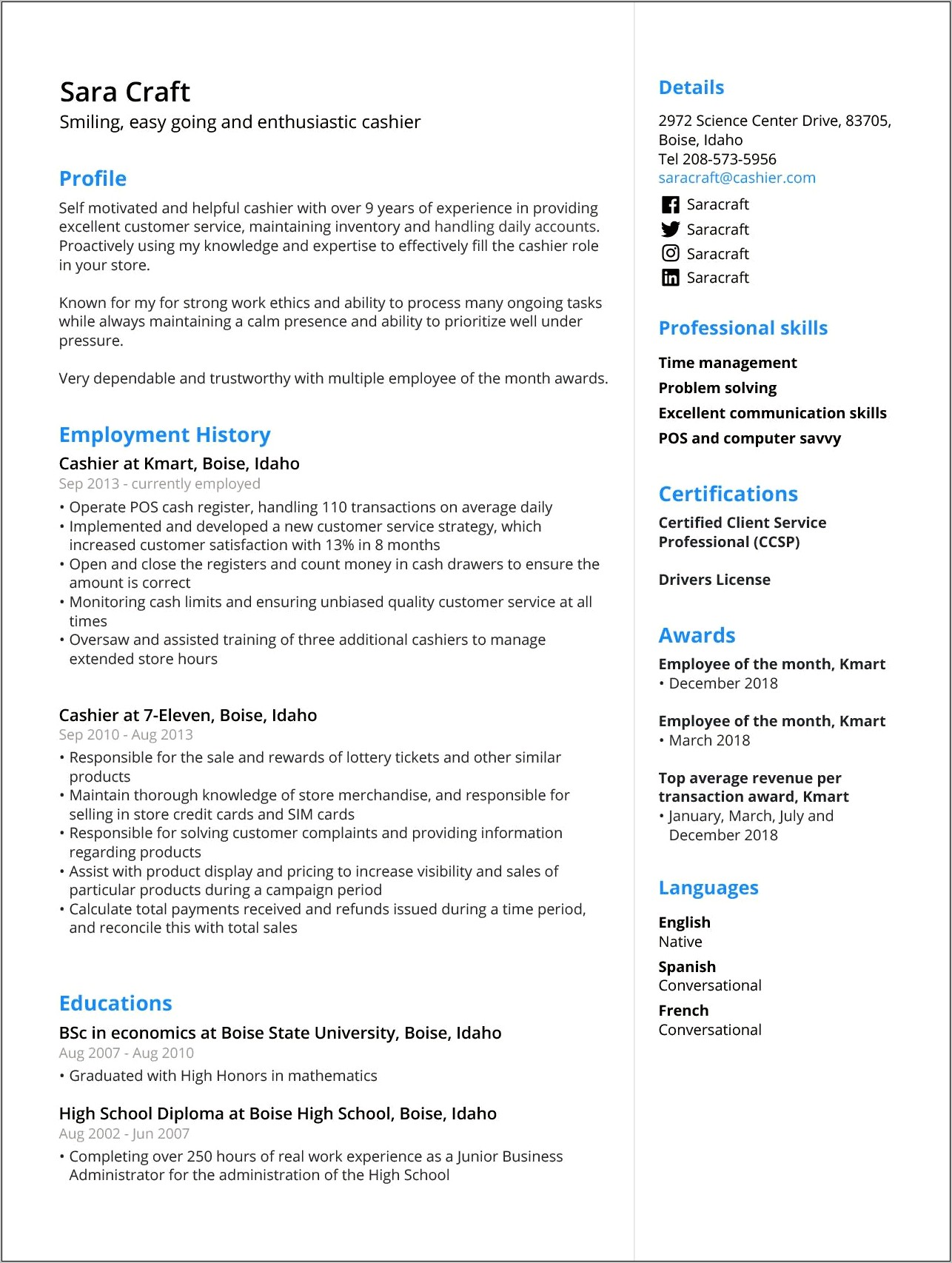 Examples Of Retail Cashier Resumes