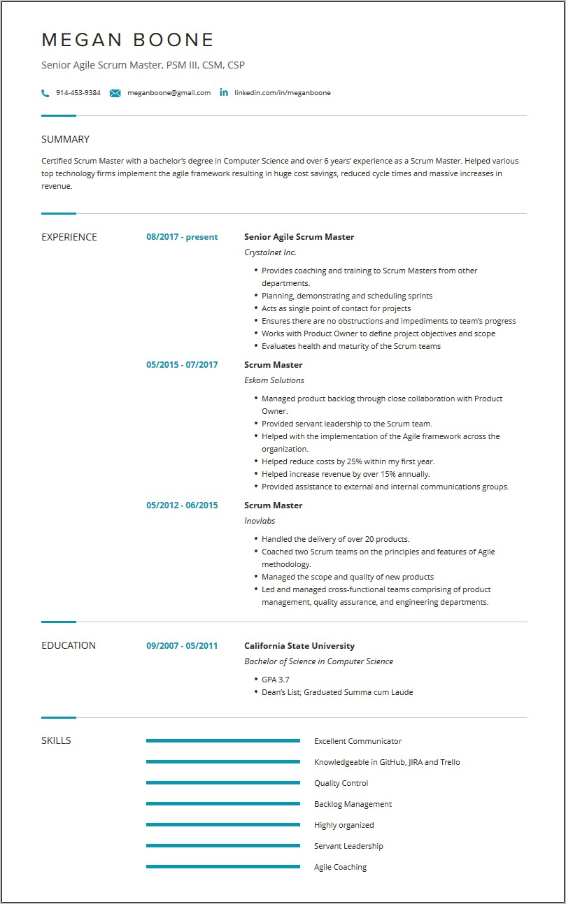 Examples Of Scrum Master Resumes