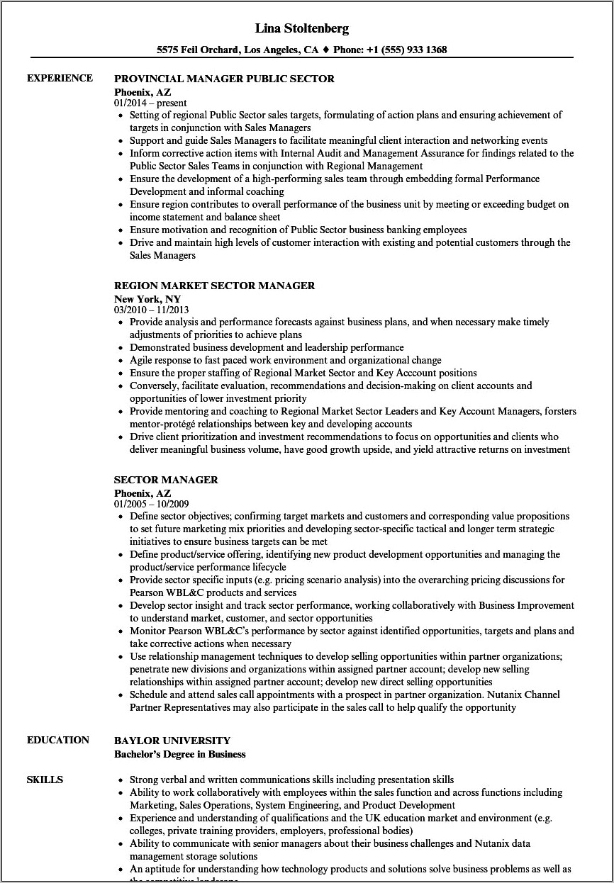 Examples Of Sector For Resume