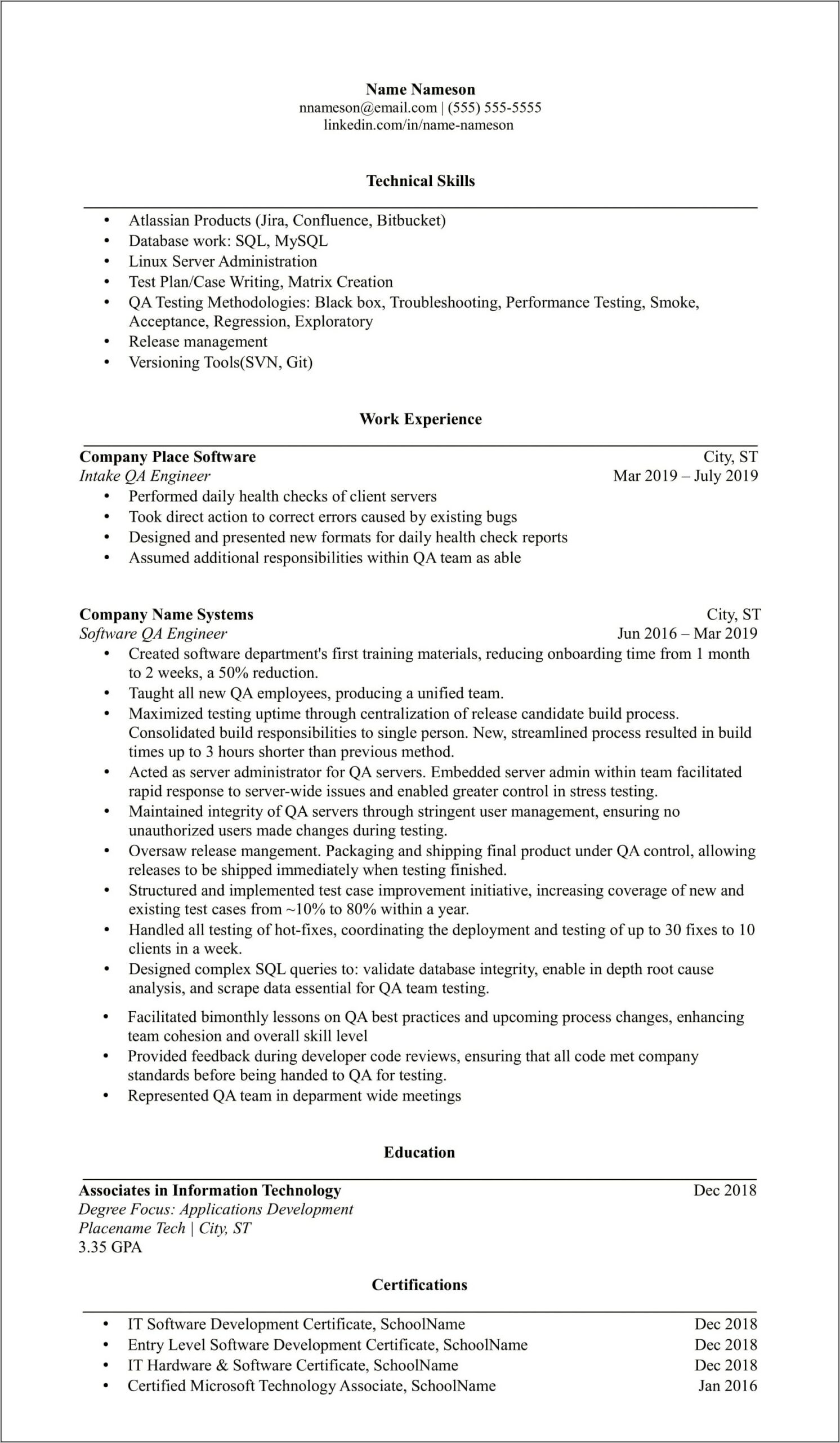 Examples Of Software Qa Resumes