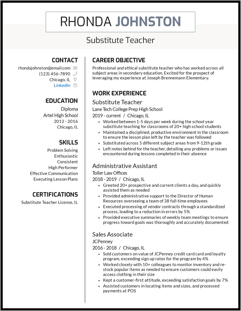 Examples Of Sub Teacher Resumes