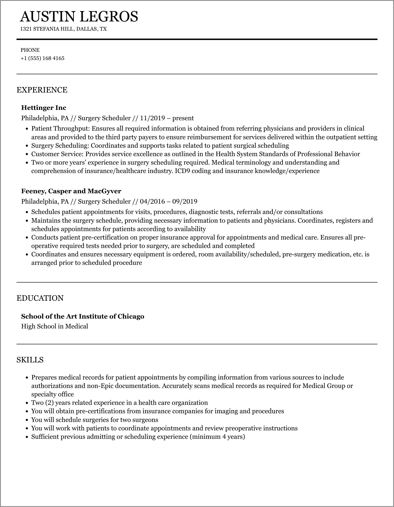 Examples Of Surgery Scheduler Resume