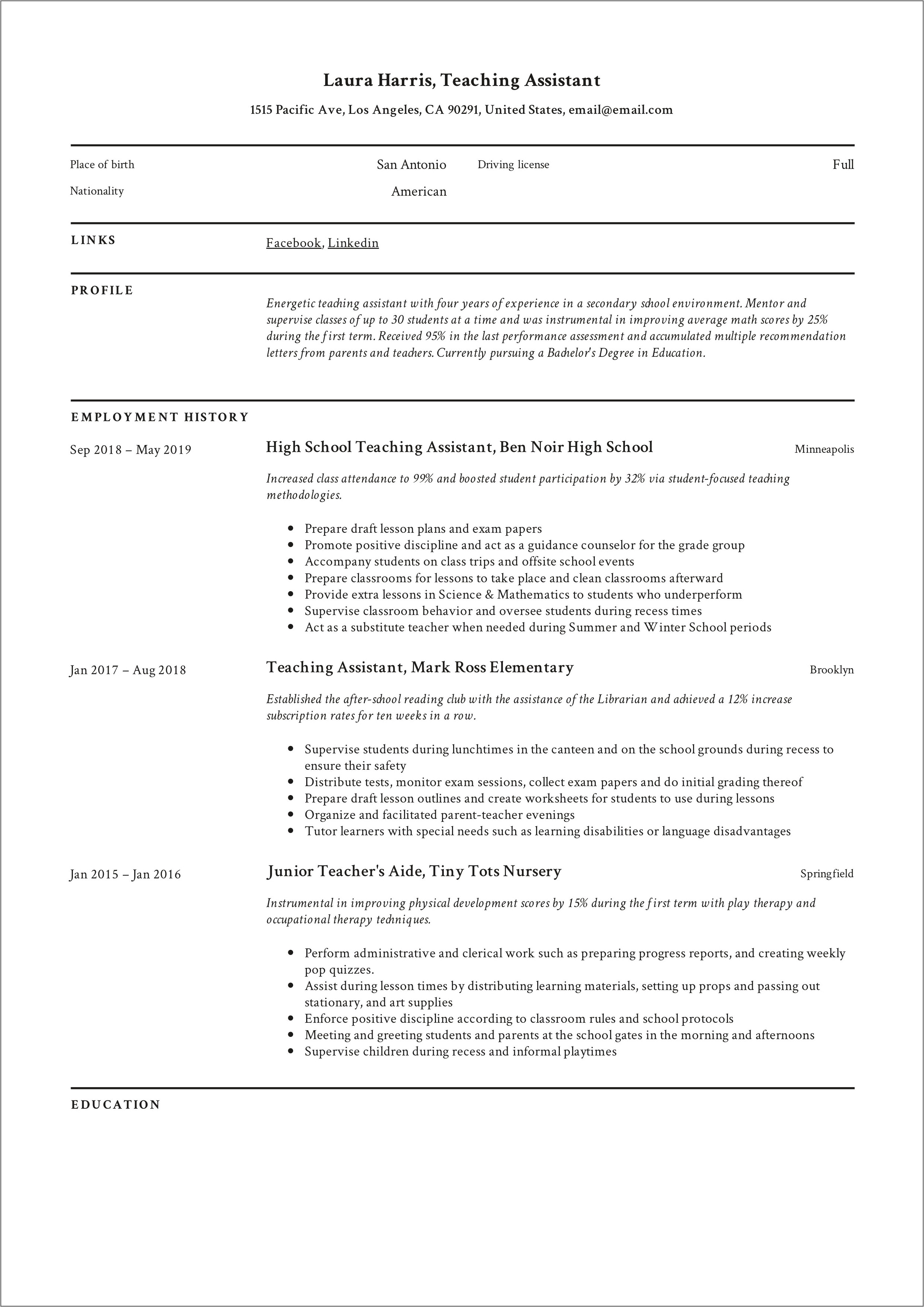 Examples Of Teacher Assistant Resume