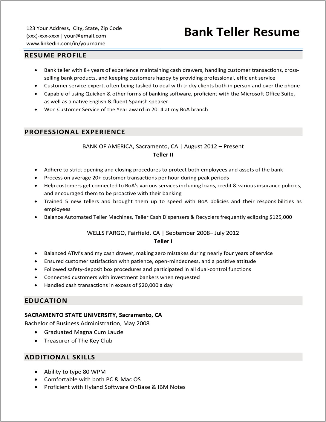 Examples Of Teller Banking Resume