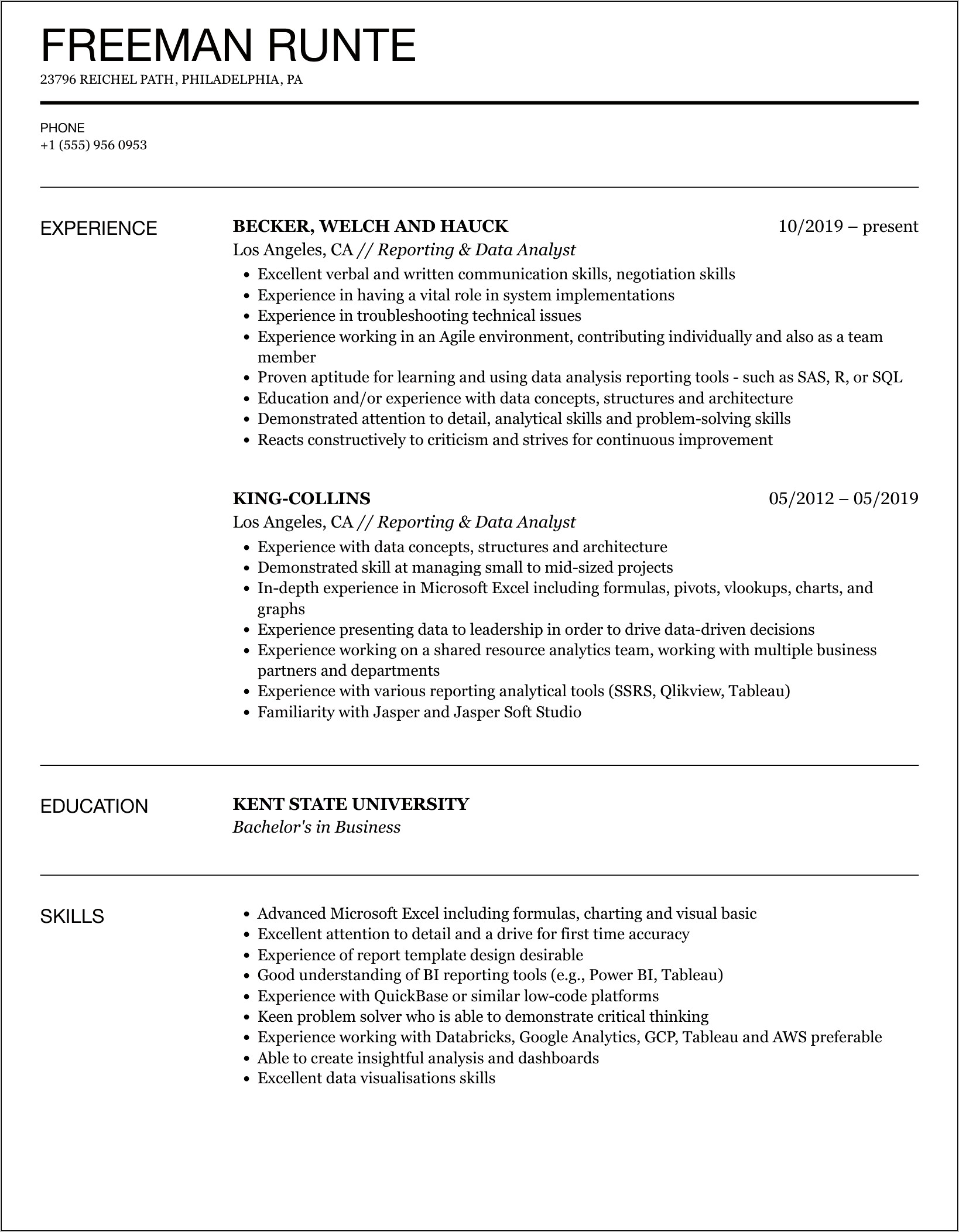 Excel Reporting Analyst Resume Sample