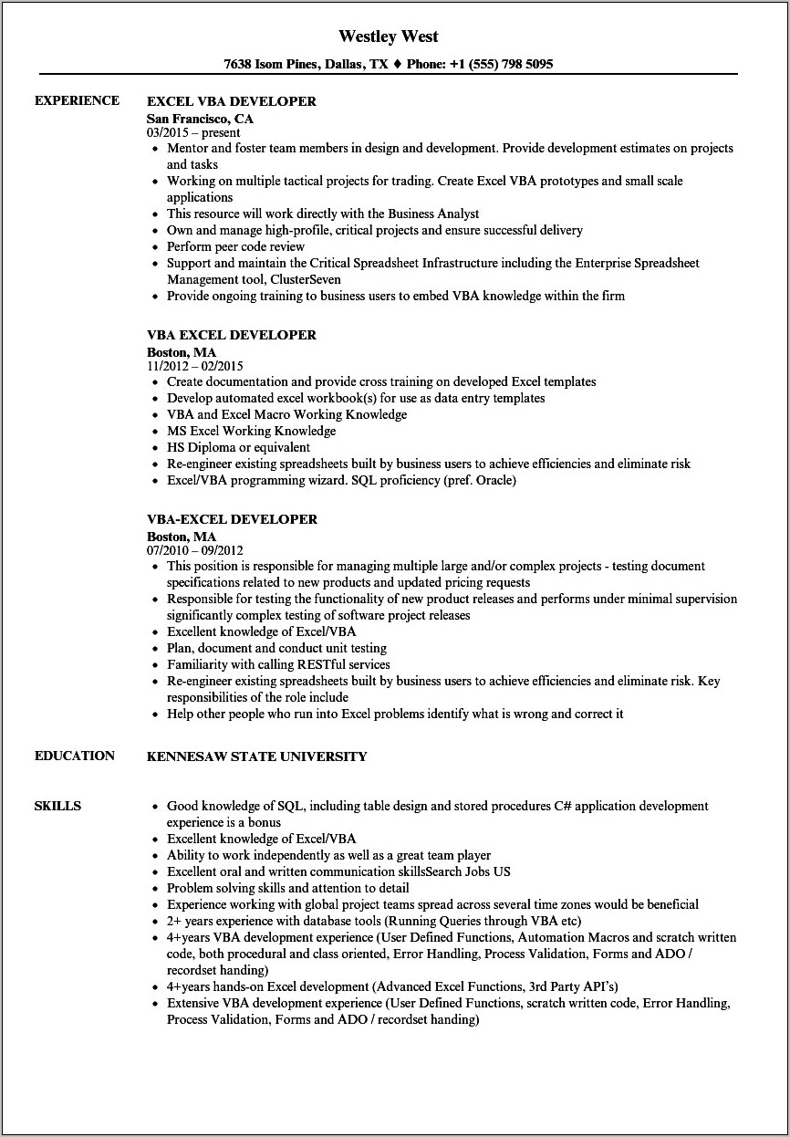 Excel Vba Developer Resume Sample