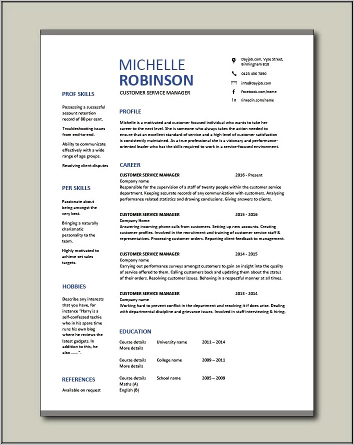 Excellent Customer Service Manager Resume