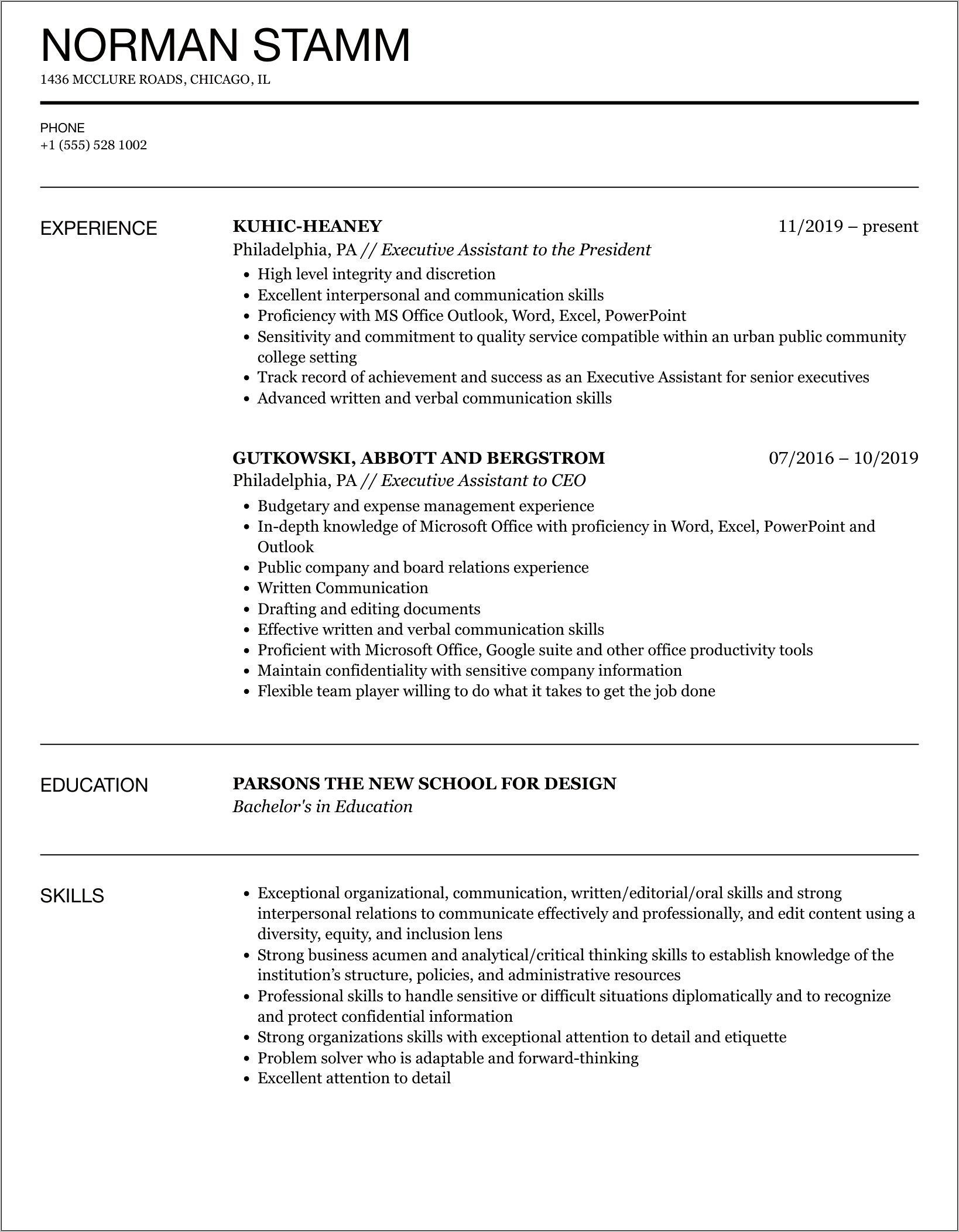 Executive Assistant Coo Resume Samples