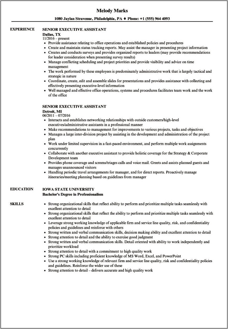 Executive Assistant Job Resume Description