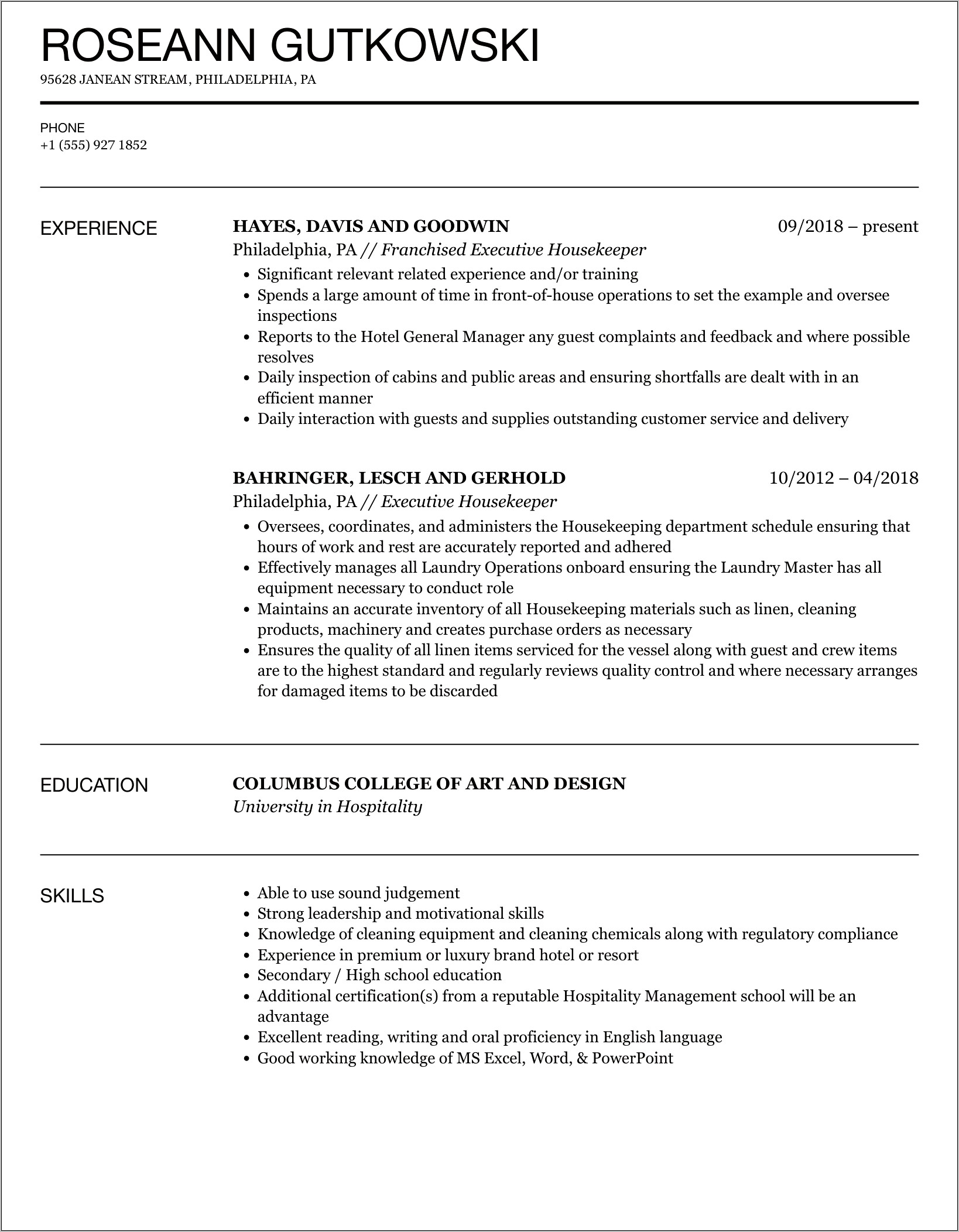 Executive Housekeeper Resume Sample Objective