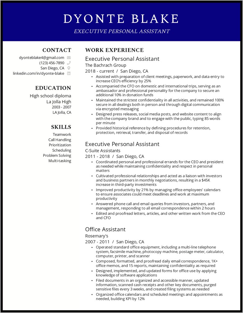 Executive Personal Assistant Resume Example