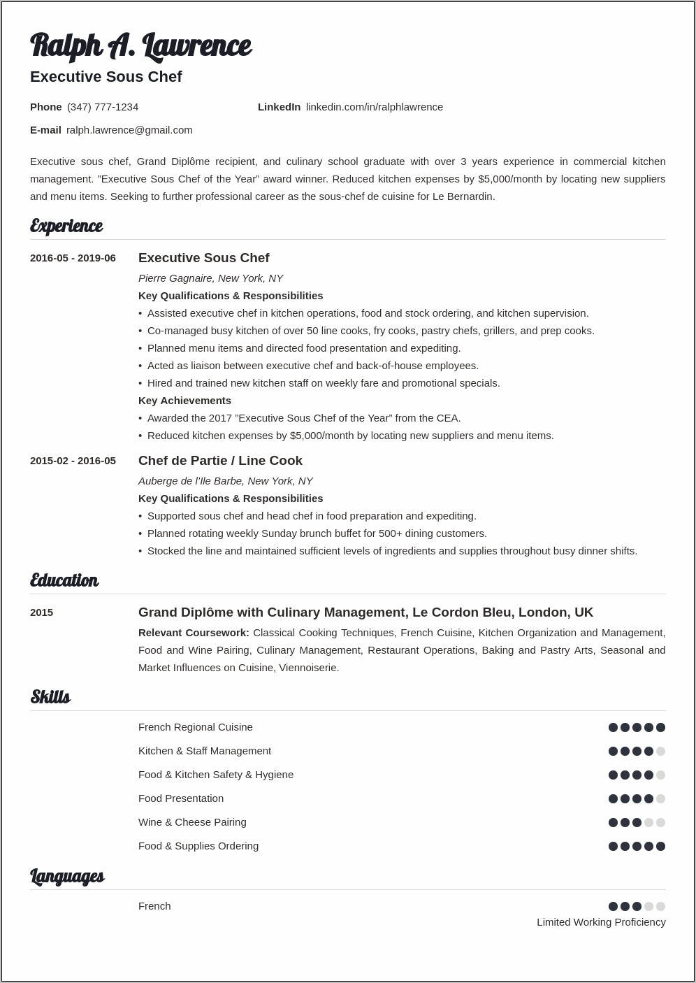 Executive Sous Chef Sample Resume