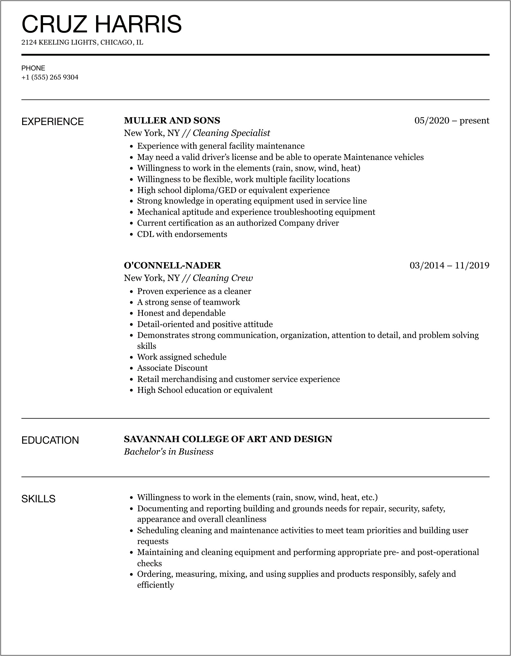 Experience Examples For Resume Housecleaner