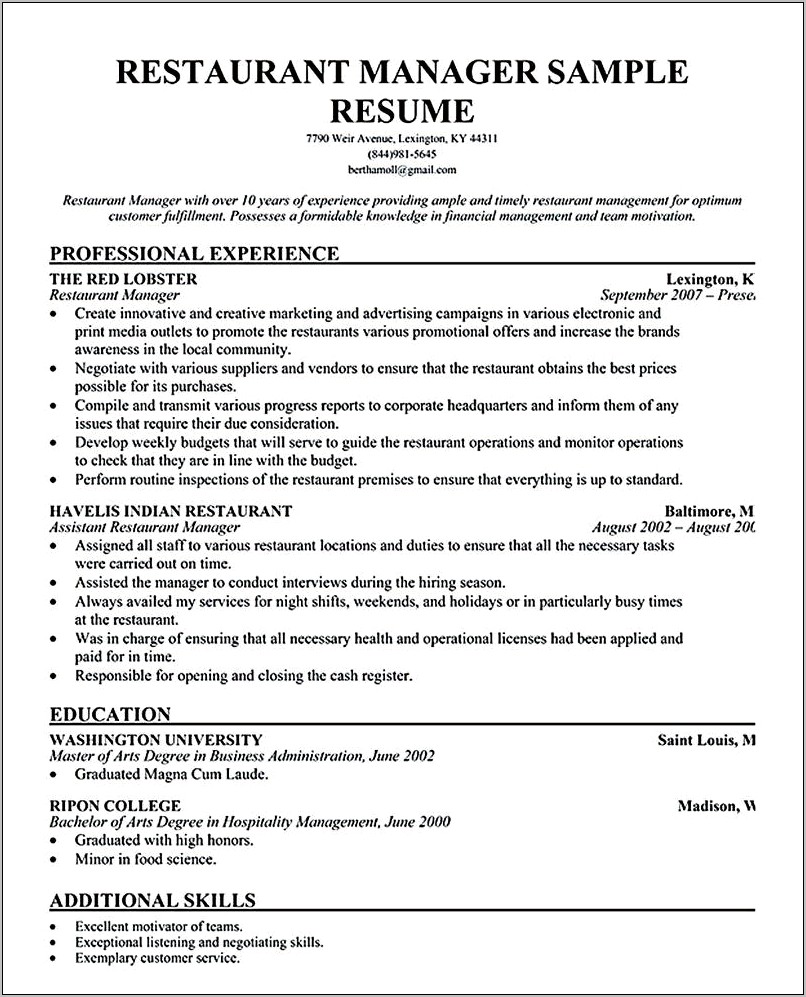 Experience For Restaurant Manager Resume