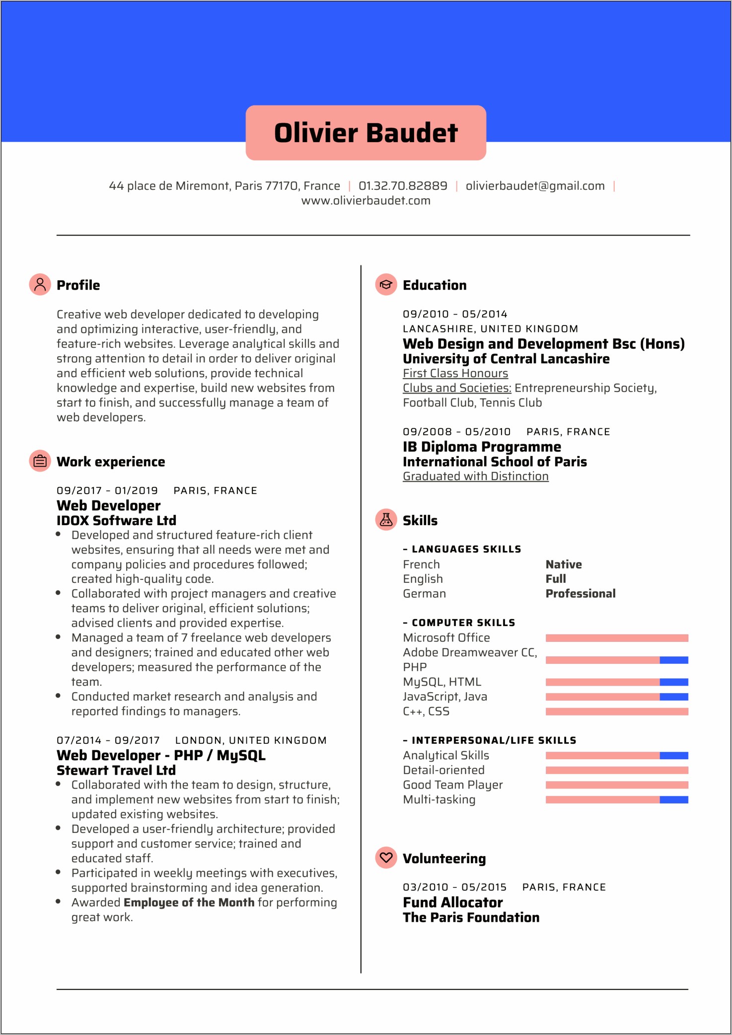 Experience Web Developer Resume Sample