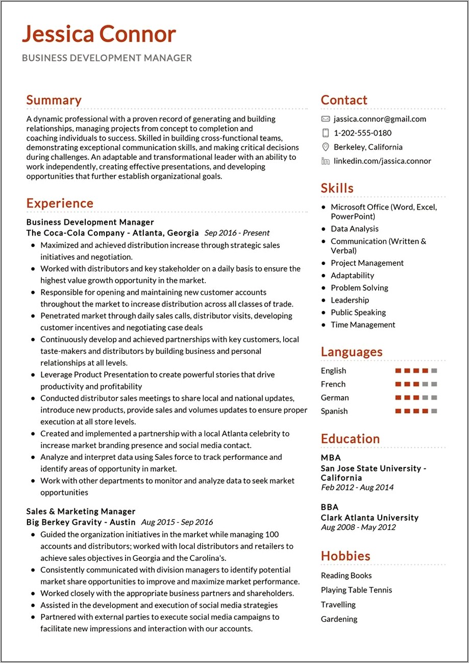 Experienced Business Development Manager Resume