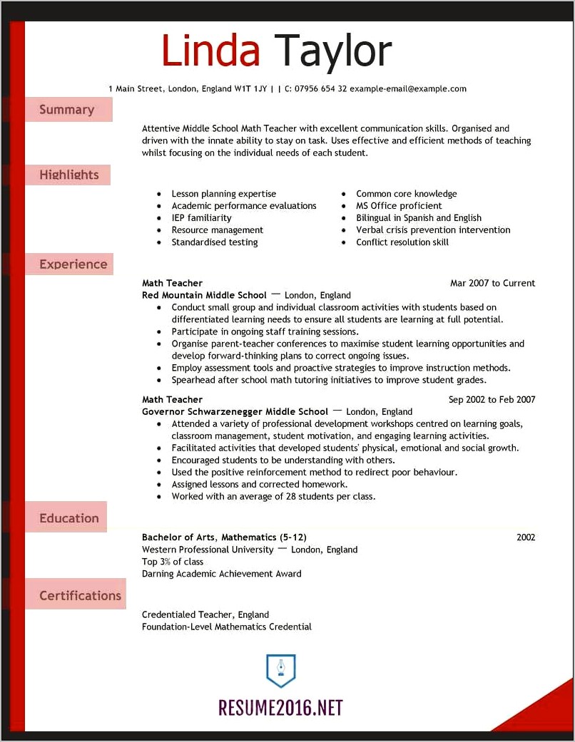 Experienced Elementary Teacher Resume Examples