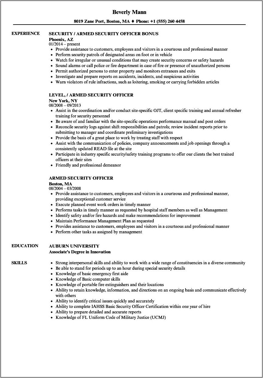 Experienced Security Guard Resume Sample