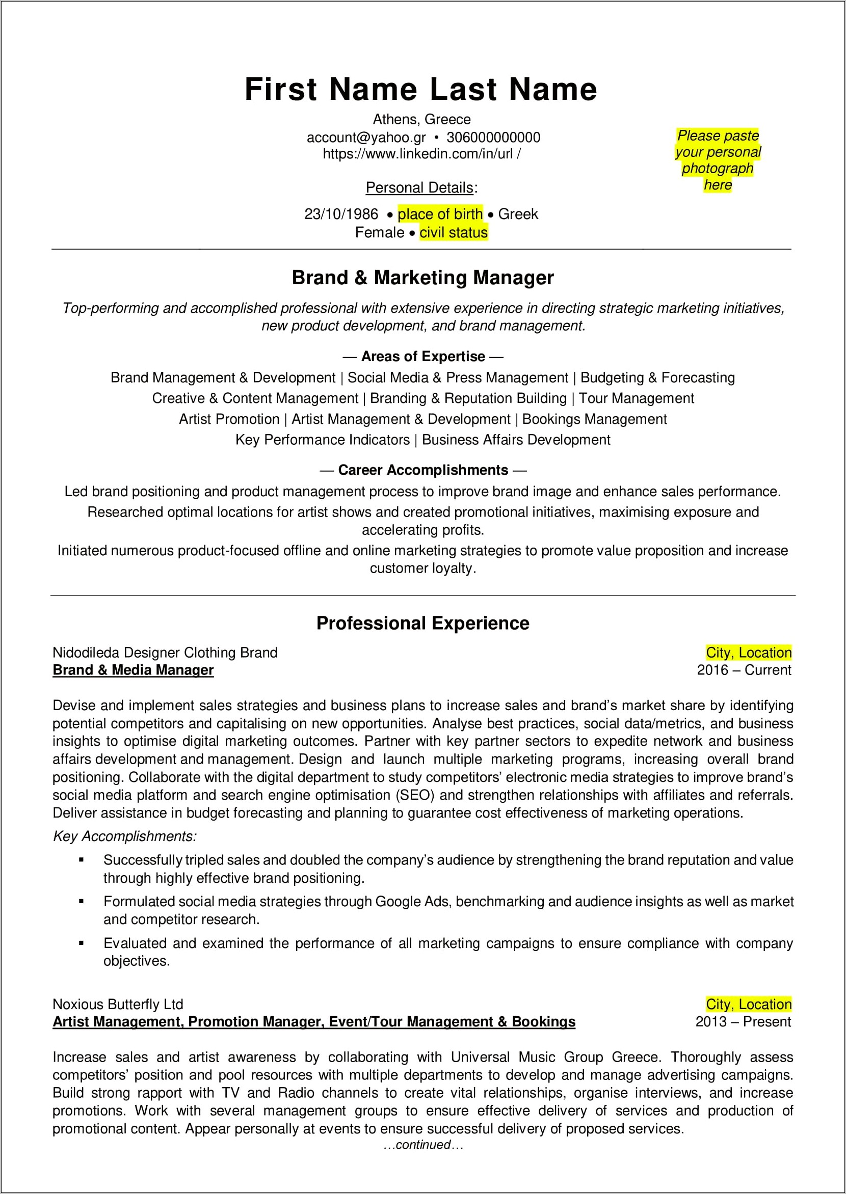 Experiential Marketing Tour Manager Resume