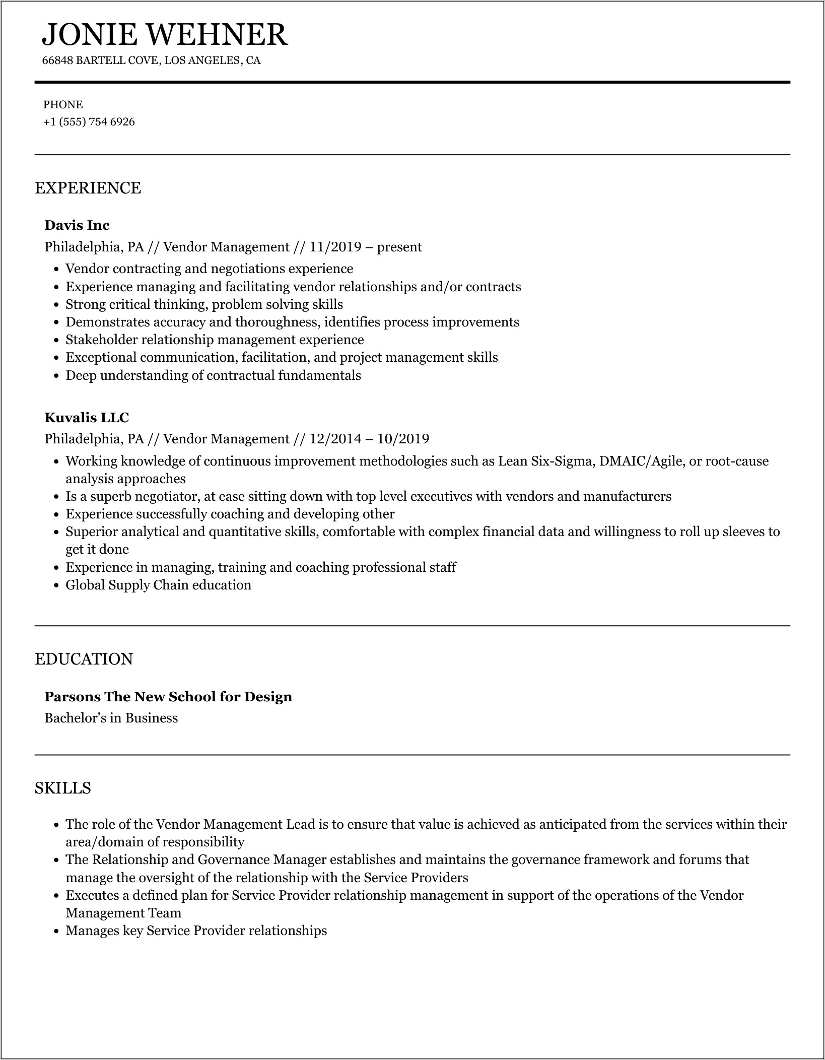 External It Vendor Management Resume