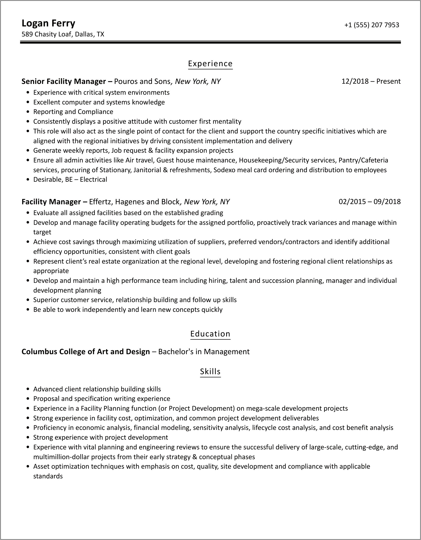 Facility Manager Responsibilities For Resume