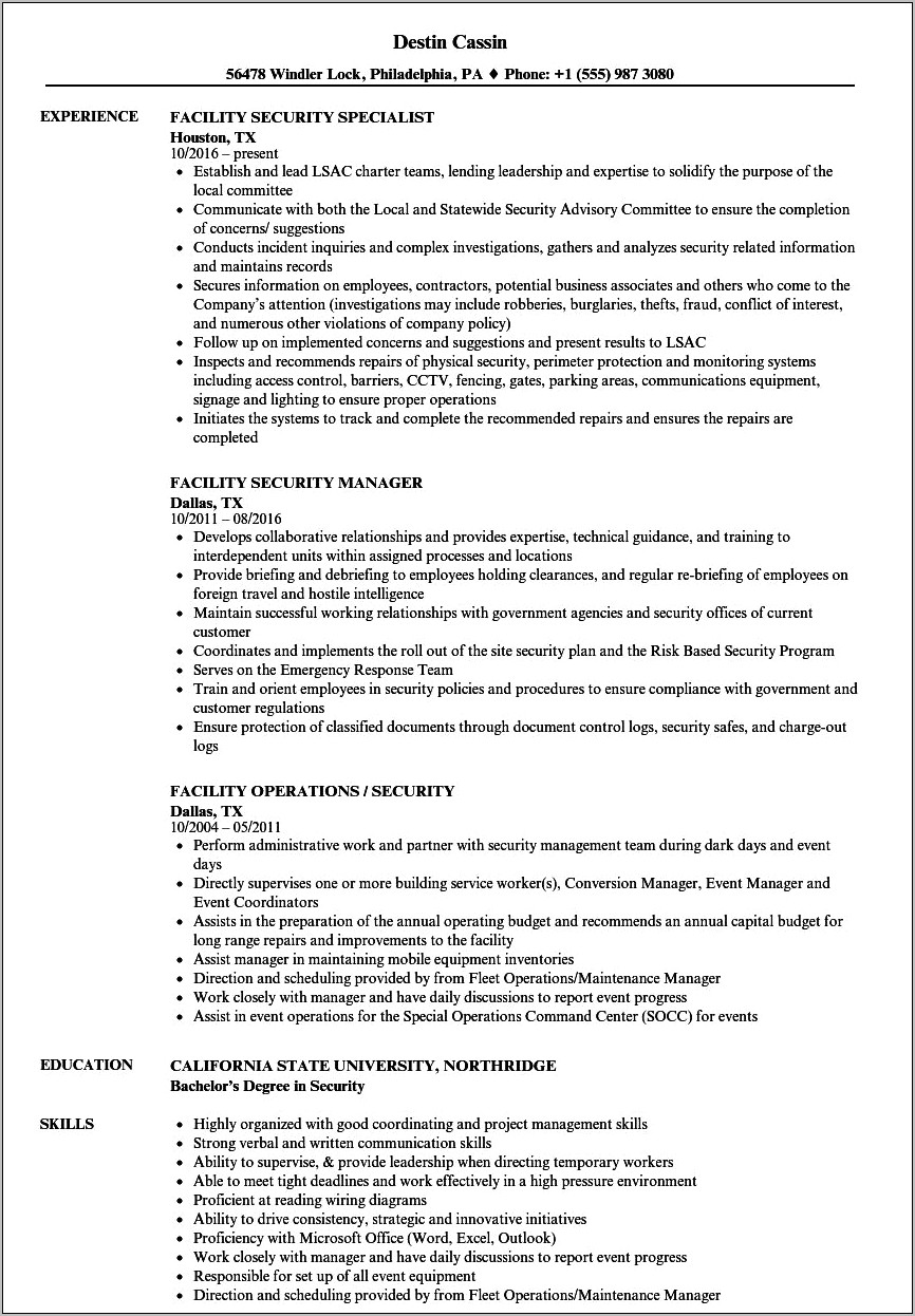 Facility Security Officer Resume Sample