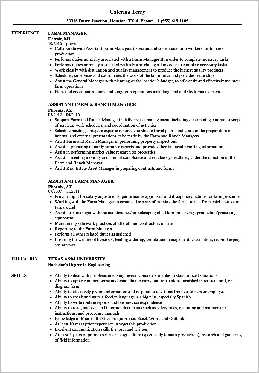 Farm Manager Job Description Resume