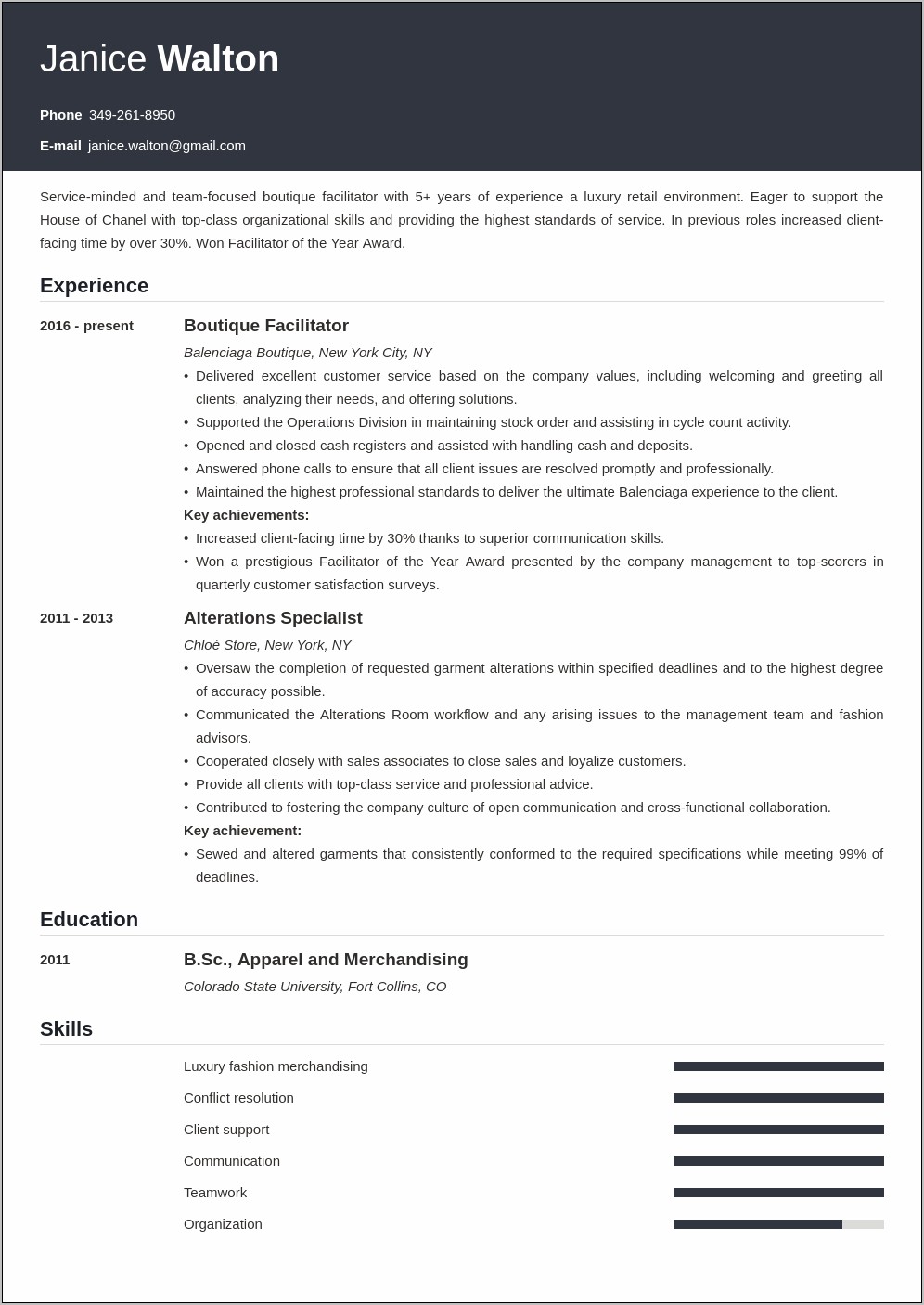 Fashion Industry Skills For Resume