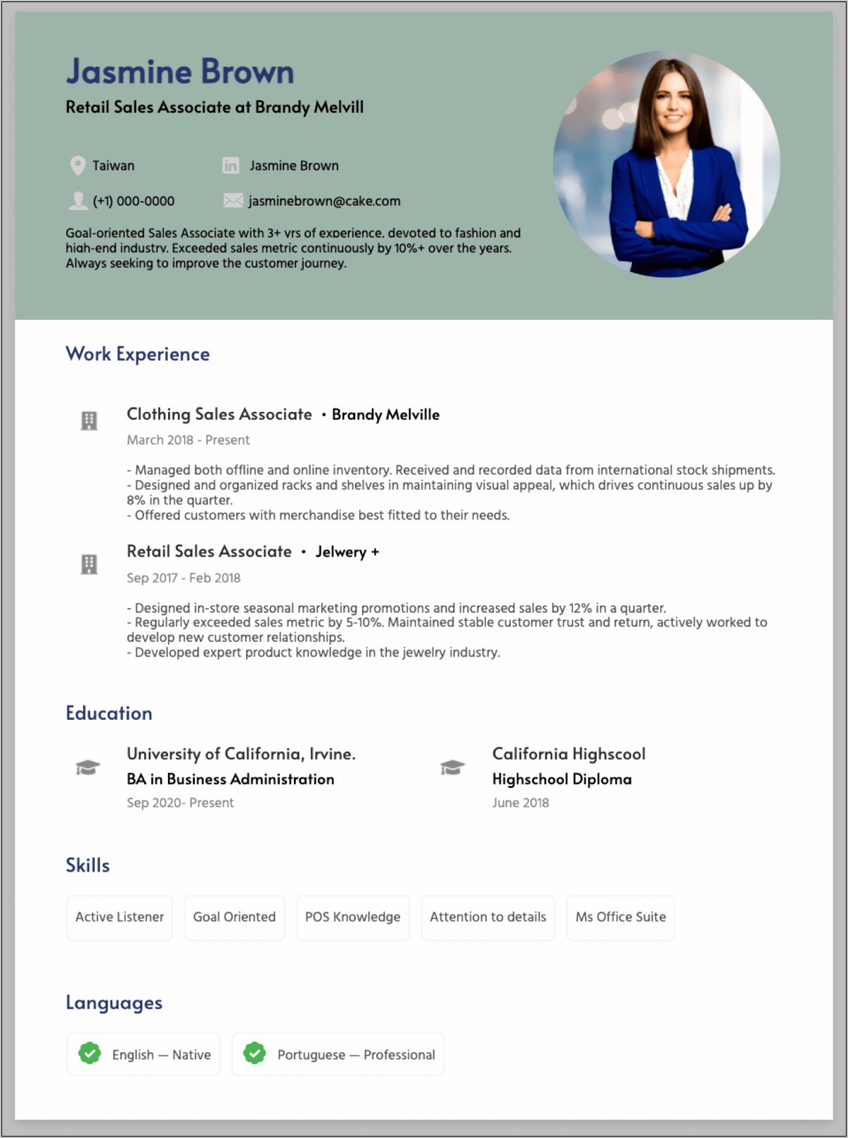 Fashion Sales Associate Resume Sample