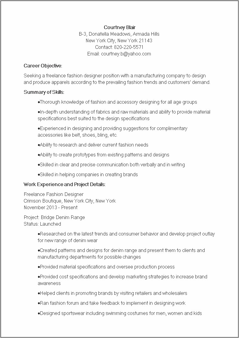 Fashion Stylist Jobs Resume Sample