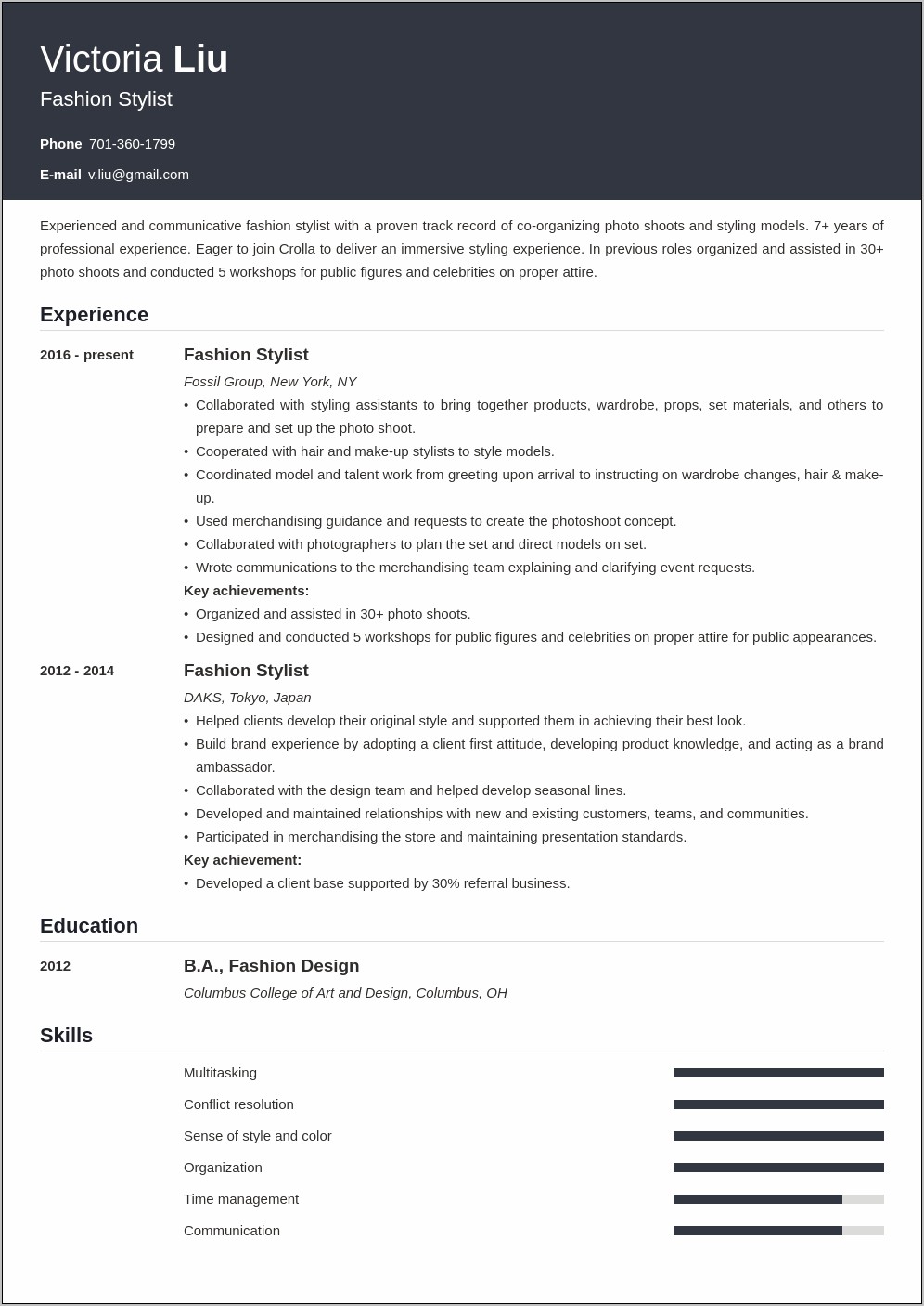 Fashion Stylist Resume Templates Free