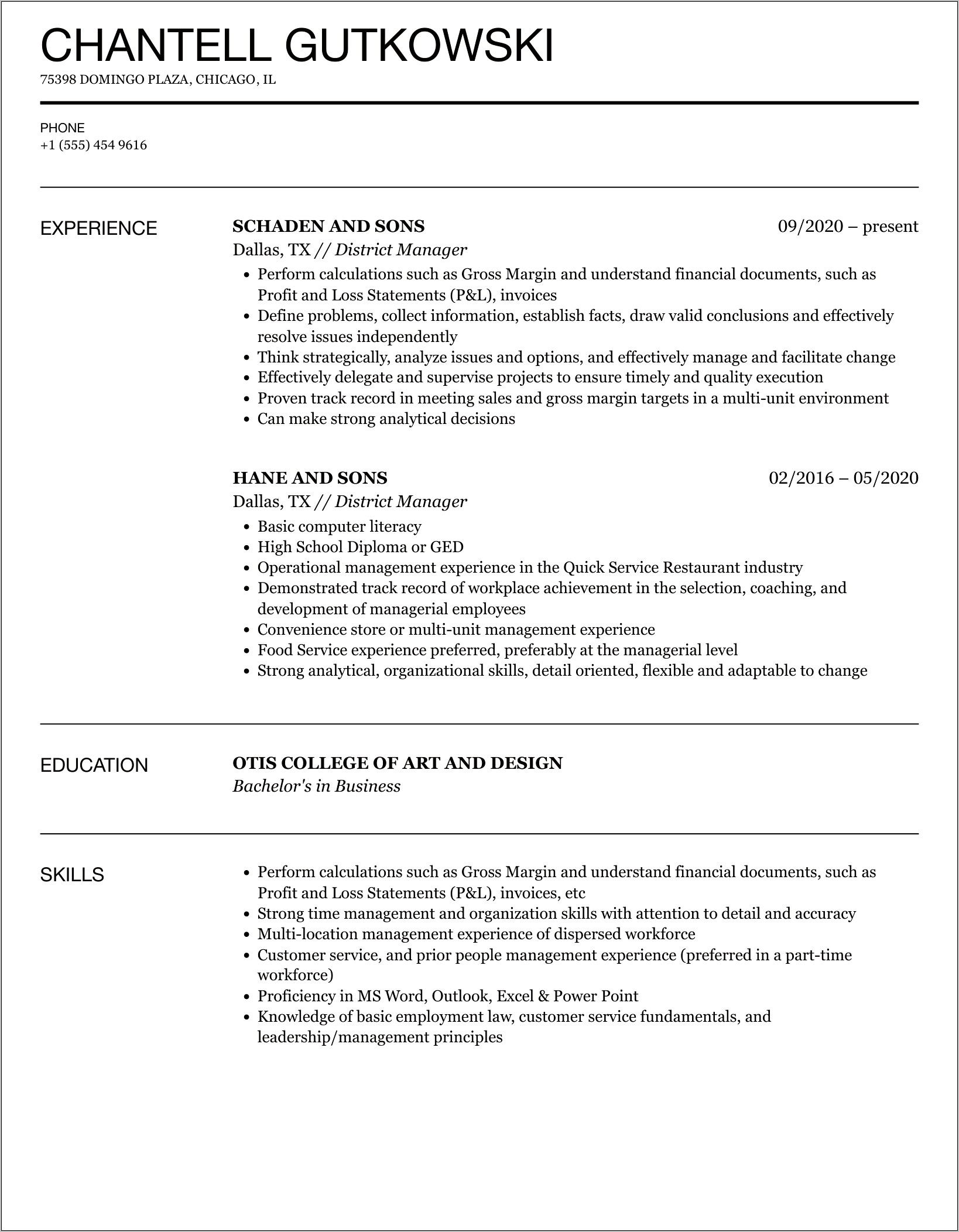 Fast Food District Manager Resume