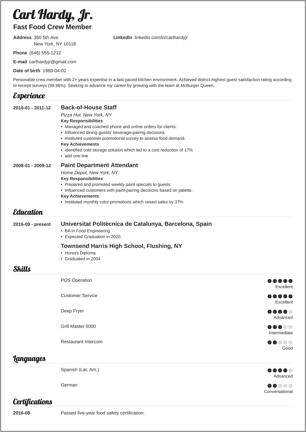 Fast Food Industry Resume Sample