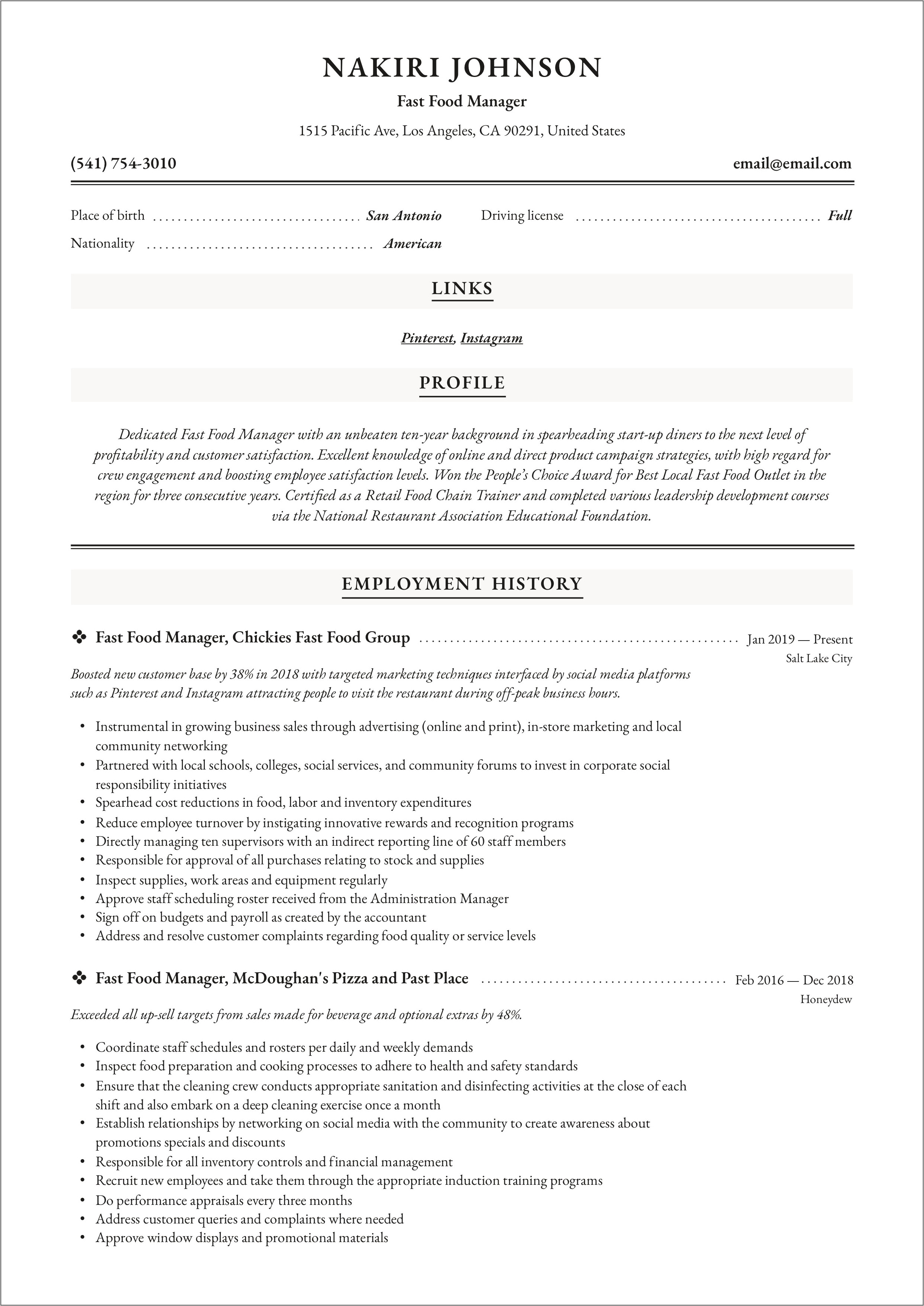 Fast Food Responsibilities Resume Sample