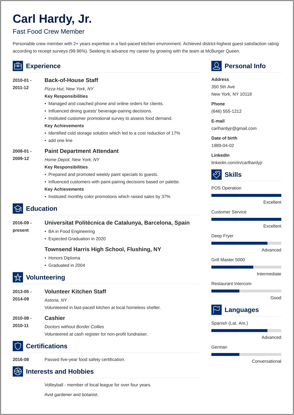 Fast Food Restaurant Resume Sample