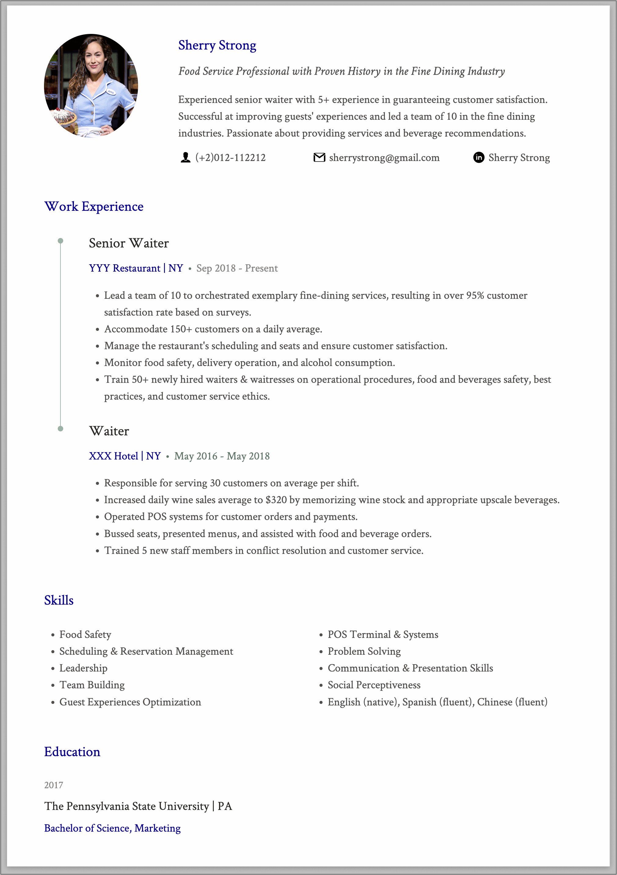 Fast Food Server Resume Example