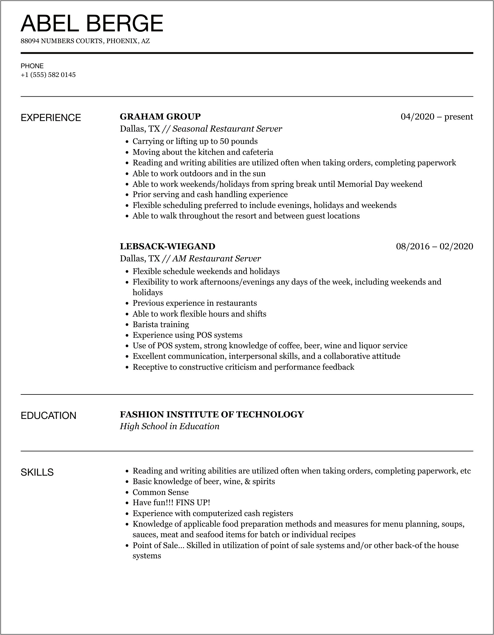Fast Food Server Resume Examples