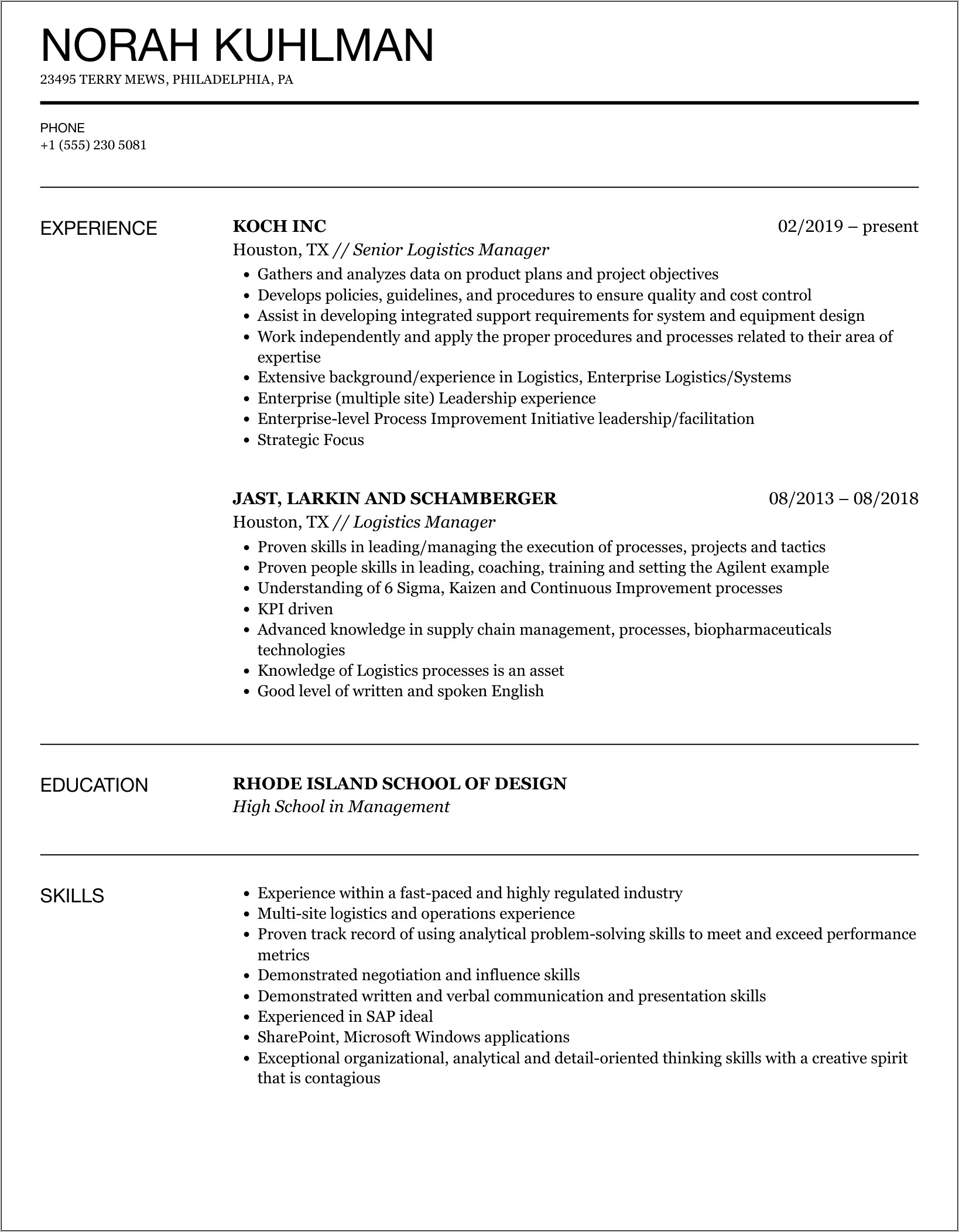 Fedex Management Resume Skills Section