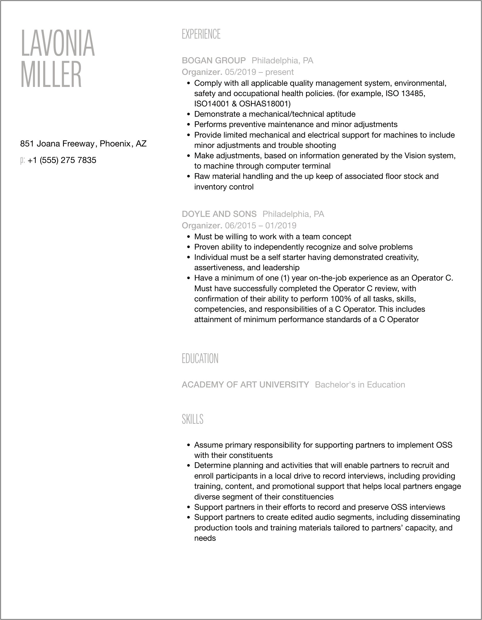 Field Organizer Job Description Resume