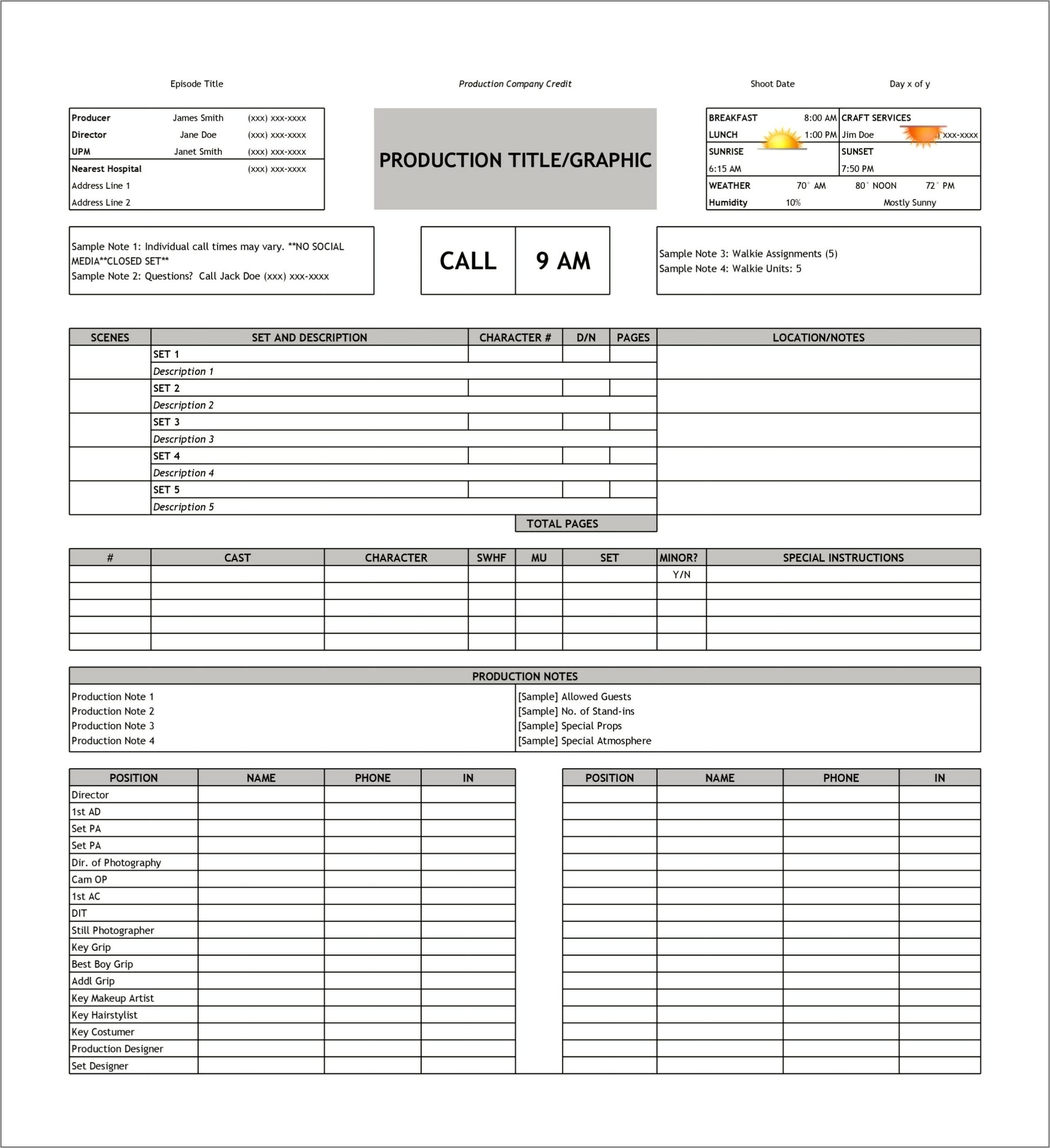 Film Call Sheet Template Excel Download