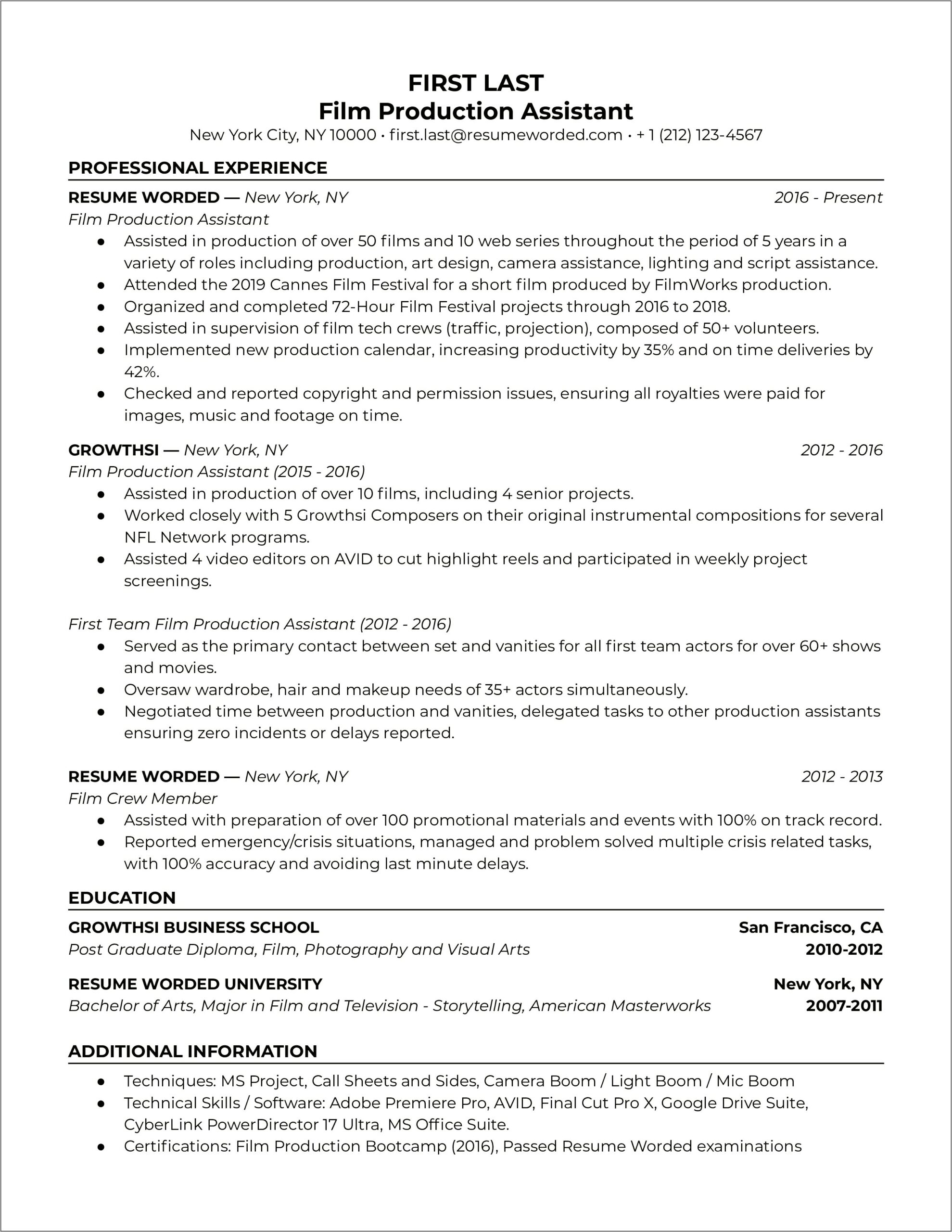 Film Crew Pa Resume Sample