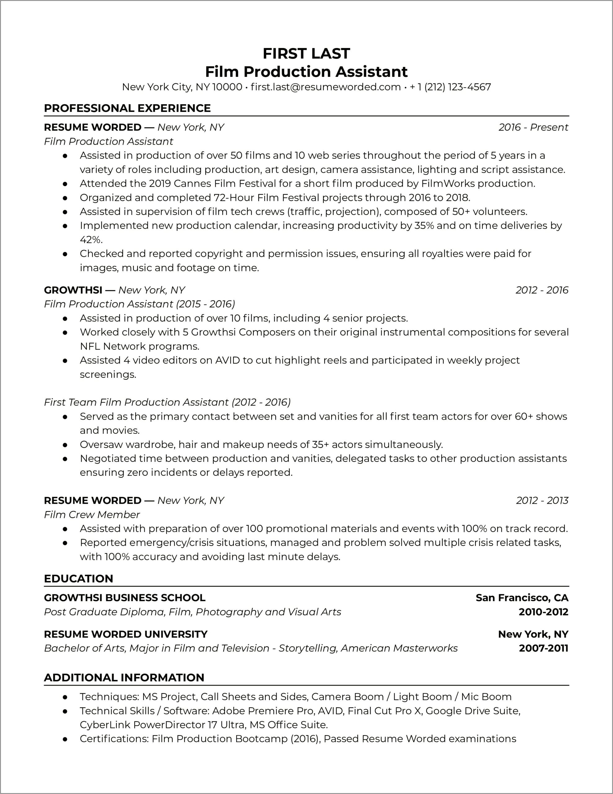 Film Production Assistant Resume Example