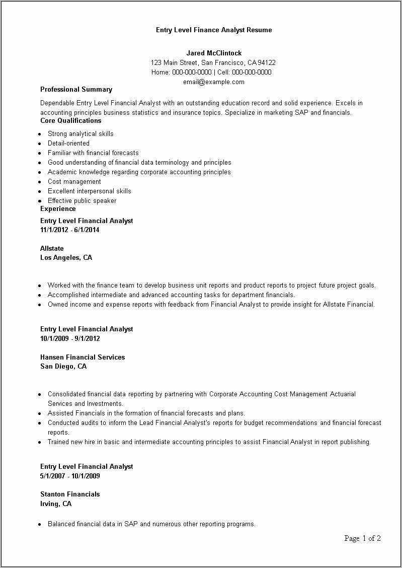 Finance No Experience Resume Samples