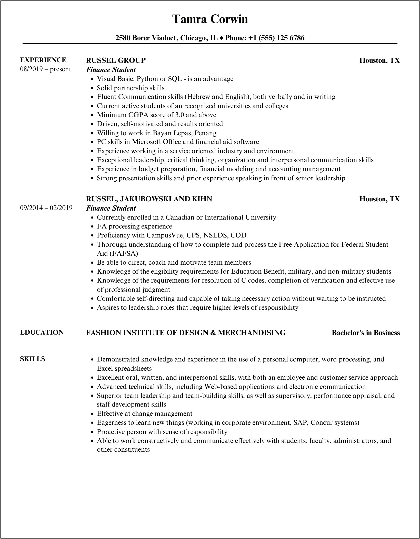 Finance Resume Bachelor's Examples