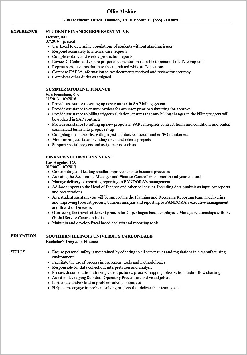 Finance Resume Skills For Inexperienced