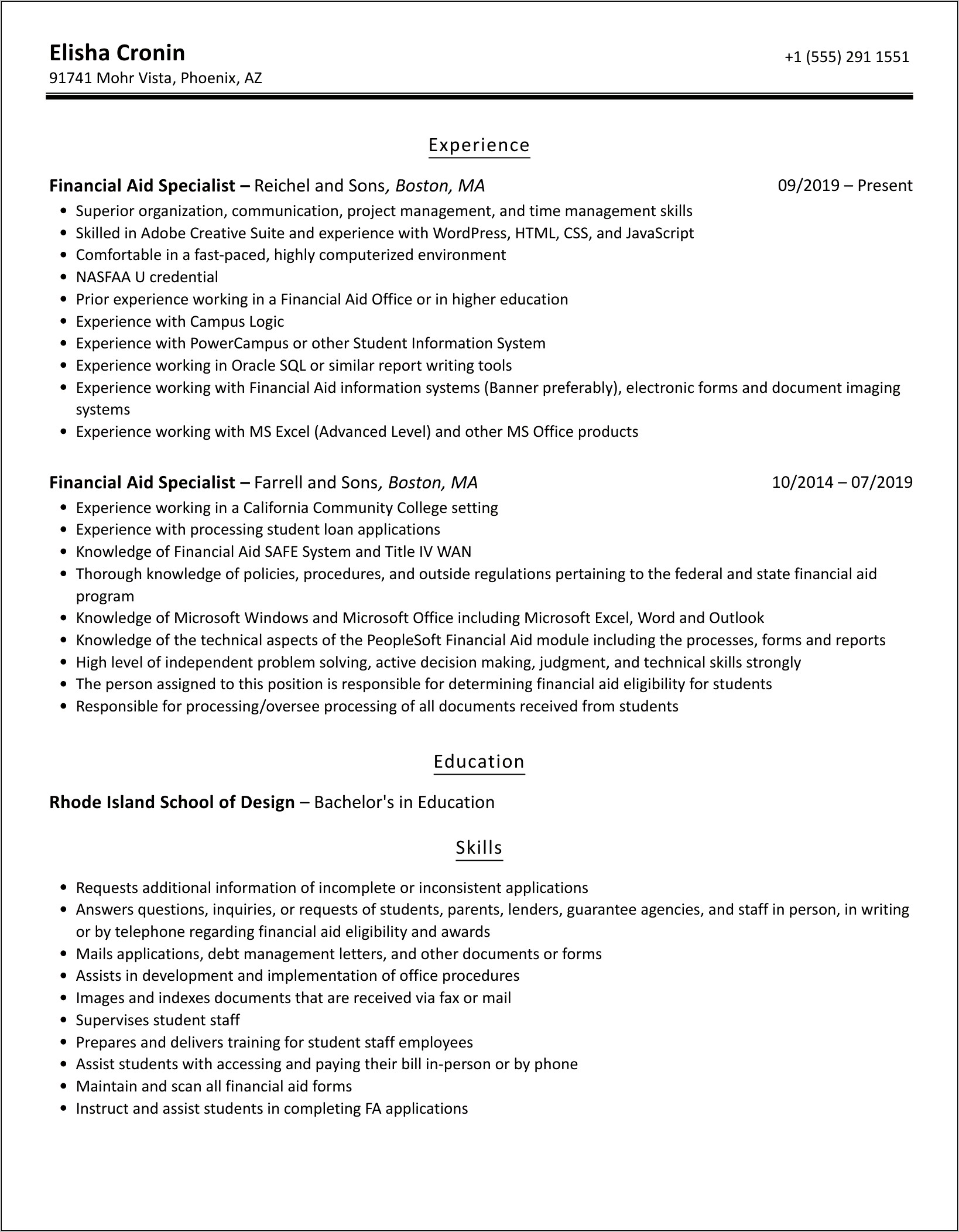 Financial Aid Counselor Resume Sample